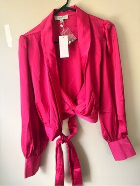 Women's Fuchsia Satin Tie-Front Blouse Pant Set